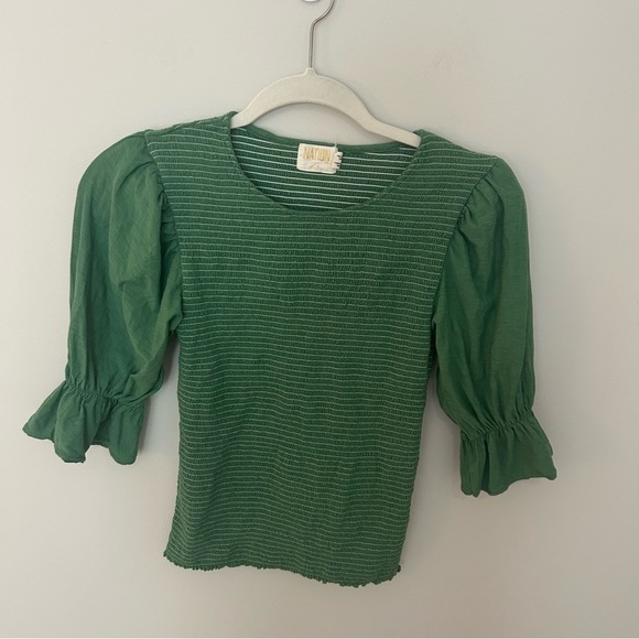 NATION LTD Bardot Gathered Sleeve Tee In Fern Green Smocked Size Small - Picture 2 of 8